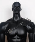 Black mannequin wearing a Medieval Shoulder Armor Harness With Rivet Guards For Cosplay, Adjustable PU Leather Pauldron Set.