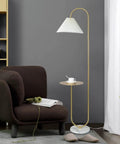 Modern Elegant Floor Lamp With Tray Shelf For Office Cafe Den Living Room Or Bedroom, Brass Gold Finish, Warm Light Yellow Pleated Cloth Lampshade