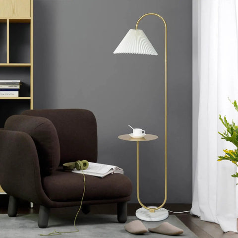 Modern Elegant Floor Lamp With Tray Shelf For Office Cafe Den Living Room Or Bedroom, Brass Gold Finish, Warm Light Yellow Pleated Cloth Lampshade