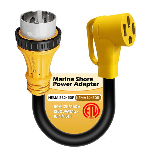 Rock Solid Marine Shore Power To RV EV Adapter connects 50 Amp dock outlet to NEMA 14-50R, 1.5 ft black cable.