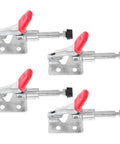 4 Pack Quick-Release Toggle Clamps for Woodworking and Welding, showing horizontal push-pull design with red handles.