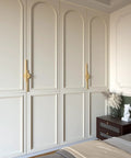 Bedroom with Two Pack Half Moon Cabinet Pulls Brushed Gold Semicircle Drawer Handles installed on white wardrobes, 11.3 inch center to center.