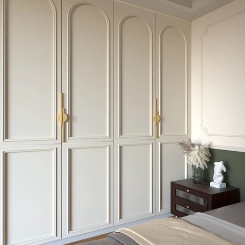 Bedroom with Two Pack Half Moon Cabinet Pulls Brushed Gold Semicircle Drawer Handles installed on white wardrobes, 11.3 inch center to center.