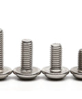 Top Shelf Heavy Duty 304 Stainless Steel Tapping Screws With Phillips Round Head And Cushion Washer Pad Rock Solid Corrosion Resistant Self Threading Fasteners For Tough Wood Or Metal DIY Jobs 100 Piece Set displayed in various heights.
