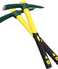 Two Pack 15 Inch Pick Mattock Hoe Set With Forged Steel Head And Fiberglass Handle For Weeding Loosening Soil Gardening And Camping Durable Heavy Duty Non Slip Grip For Easy Yard Work, displayed on white background.