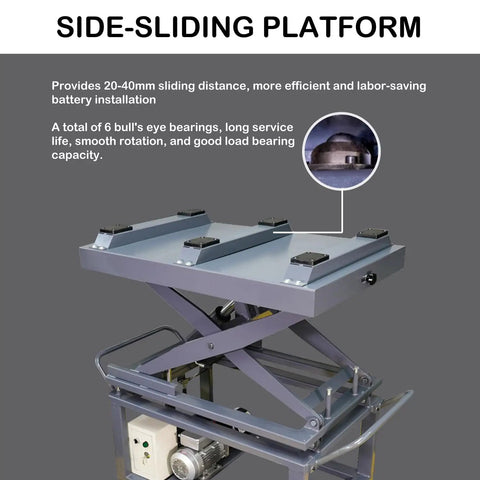 Heavy Duty Electric Scissor Lift For EVs With 1000 Kg Capacity And 1800 mm Rise Featuring A Rock Solid 6 Degree Tilt Table And Slick Side Sliding Base 220 V Power Makes Its Shop Jobs A Total Breeze