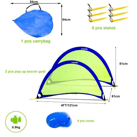 Two Pack Pop Up 4Ft Soccer Goals for Kids, Easy Setup, Portable Backyard Training Nets with 8 Field Cones and Stakes