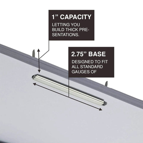 Slick 1 Inch Prong Paper Fastener Set With Heavy Gauge Binding Clips For Office And School Projects Plus Two Hole Punch Ready Design, detailed view showing 1 inch capacity and 2.75 inch base.