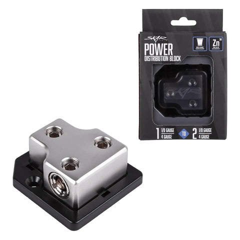 X1 0/4 Gauge Input To Two 0/4 Gauge Outputs Power Distribution Block With Zinc Alloy Mounting Base And Included 1/0 To 4 Gauge Reducers, silver block