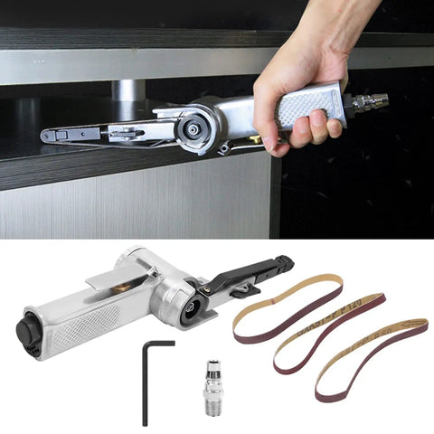 Heavy Duty Pneumatic Belt Sander 10mm Air Grinding Machine in use, showcasing the sanders and replacement belts for polishing.