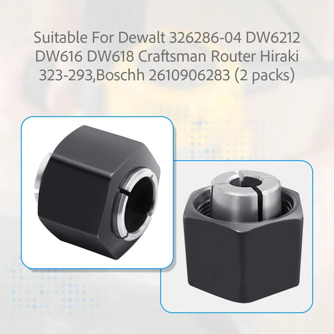 Close-up of router collet chuck and nut set, showing key size details, suitable for Dewalt and Bosch models, 2-pack view.