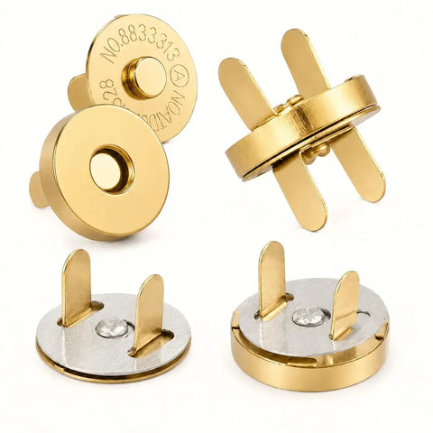 Straight Up Heavy Duty Magnetic Snap Buttons With A Tight Grip Clasp Ideal For Purse Crafting And Jacket Repair Kits Includes Full Hardware No Sweat Install Gold Size - four gold magnetic snap buttons with a shiny finish.