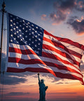 Outdoor 3x5 Foot American Flag Built Tough Deluxe Heavy Duty Spun Polyester with Statue of Liberty at sunset background