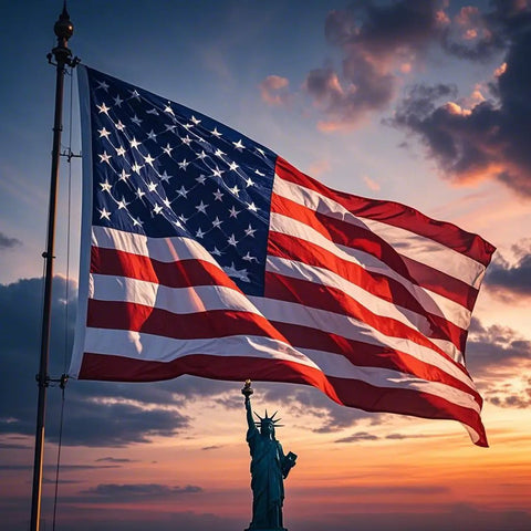 Outdoor 3x5 Foot American Flag Built Tough Deluxe Heavy Duty Spun Polyester with Statue of Liberty at sunset background