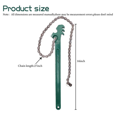 Beefy Heavy Duty Reversible Chain Wrench 16 Inch With 27 Inch Chain, sturdy carbon steel handle visible, ideal for tight spaces