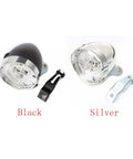 Old School 3 LED Bicycle Front Light With Bracket, black and silver vintage headlamp for night riding.