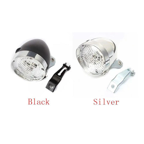 Old School 3 LED Bicycle Front Light With Bracket, black and silver vintage headlamp for night riding.