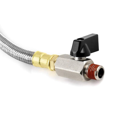Extended Tank Drain Valve Kit For Air Compressors With 10 Inch Drain Hose, braided steel body, brass adapter, heavy duty, rust resistant