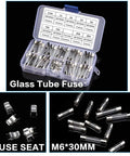 Road Tested Fast Blow Glass Fuse Assortment Loaded With Zero Point Five Through Thirty Amp Ratings Inside A Handy 72 Piece Crate Plus Ten Bulletproof Holder Seats For Straight Up Swaps On Trucks, showing transparent glass tube fuses in an organizer.