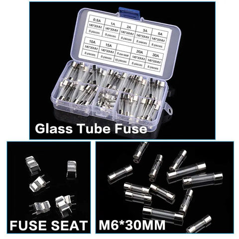 Road Tested Fast Blow Glass Fuse Assortment Loaded With Zero Point Five Through Thirty Amp Ratings Inside A Handy 72 Piece Crate Plus Ten Bulletproof Holder Seats For Straight Up Swaps On Trucks, showing transparent glass tube fuses in an organizer.