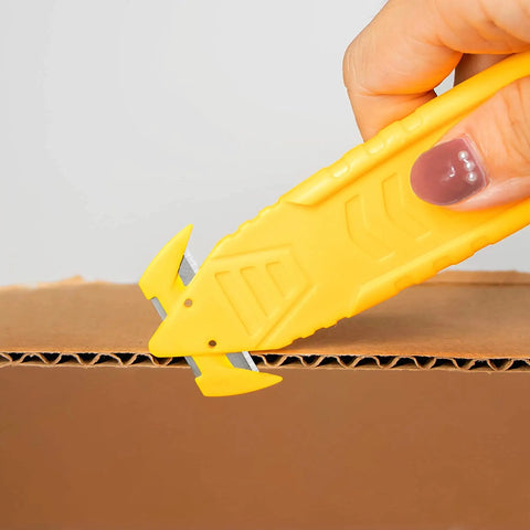 Double-Sided Stainless Steel Box Cutter With Integrated Tape Splitter, Heavy-Duty Safety Utility Knife, 100-Pack Bulk, Yellow, Film Cutter For Packaging, Cardboard, Shipping, And Office Use cutting cardboard