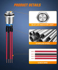 12mm Push Button Switch Kit 5 Pack With Pre Wired Harness LED Latching Round SPDT 4 Pin Waterproof Stainless Steel details