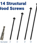 #14 Structural Wood Screws with Hex Washer Head, sizes 4, 6, 8, 10 inch, includes 1pc hex socket, black rust resistant coating