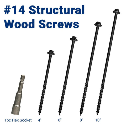 Heavy Duty Kickass 50 Pack 4 Inch Lag Screws Structural Wood Fasteners Hex Washer Head Black shown with a 1pc hex socket.