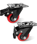 Heavy Duty 2 Inch Caster Wheels With Dual Brakes Silent Polyurethane Swivel Rollers view showing two red wheels with black bases.