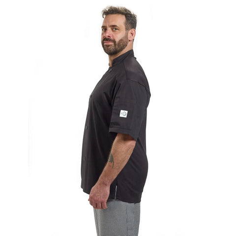 Side view of Badass Short Sleeve Chef Jacket In Sharp Black Features Double Breasted Front And Full Mesh Back For Sweet Kitchen Airflow Built From Tough Poly Cotton Twill That Fights Wrinkles And Holds Up Daily In Comfortable 2XL.