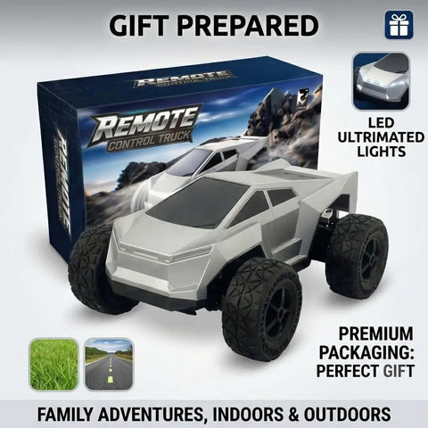 Cyber RC Toy Car For Kids One Eighteenth Scale Monster Truck With Two Point Four GHz Remote next to packaging