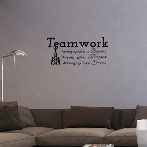 Teamwork Motivation Wall Decal Inspirational Quote About Coming Together Is The Beginning Keeping Together Is Progress Working Together Is Success For Office Walls 22X10 Matte Vinyl Removable Decor Vibe displayed on wall above sofa