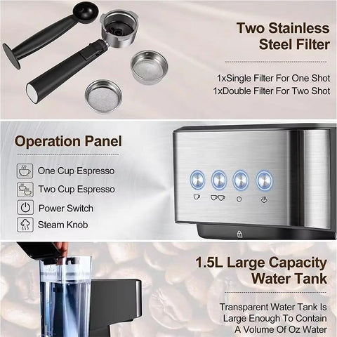 Skip The Long Line With This Fire 20 Bar Espresso Machine Featuring Programmable Settings Integrated Milk Frother Steam Wand And Easy Pour Tank For Killer Latte Art Straight From Your Kitchen Counter showing dual steel filters and operation panel.