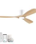 52 Inch Wood Flush Mount Ceiling Fan With Lights And Remote No Hassle Quiet DC Motor Indoor Outdoor Ultra Low Profile White Modern Ceiling Fan That Works With Alexa And WiFi App displaying remote and smart device compatibility