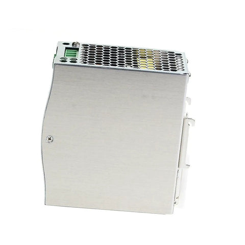 Heavy Duty 480W Din Rail Power Supply Delivering A Rock Solid 48V 10A Output for industrial control panels, metal housing, front view.