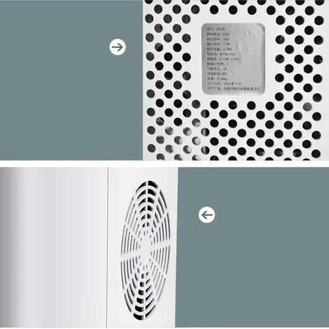 Close-up of reliable countertop ice maker machine ventilation and specifications, showcasing its compact lightweight design.