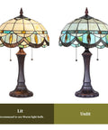 Lit and unlit view of Cream Crystal Tiffany Style Table Lamp With Stained Glass Shade 16x16x24 Inches Vintage Desk Lamp