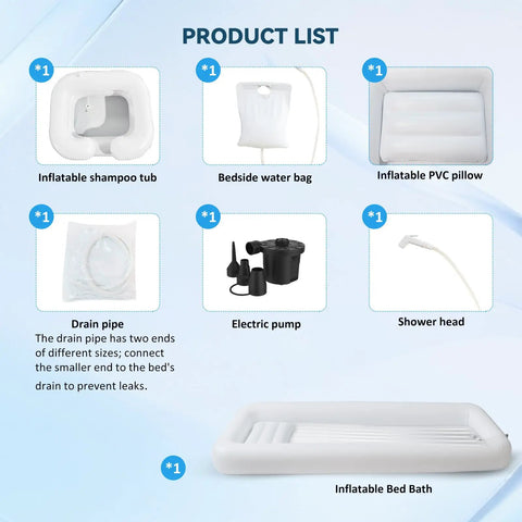 Heavy Duty Inflatable Bedside Shower Bath Kit Made From Medical Grade PVC includes inflatable shampoo tub, water bag, and electric pump.