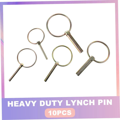 Ten Pack Safety Pin Locks For Lawn Mower Trailers And Farm Equipment Heavy Duty Lynch Pin Kit with five pins displayed