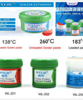 Various solder paste containers labeled WL-201, WL-202, WL-203 with temperatures, part of UV Light Curing Solder Mask Ink Kit.