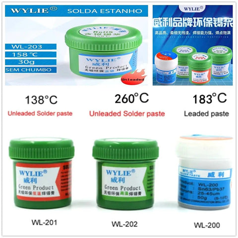 Various solder paste containers labeled WL-201, WL-202, WL-203 with temperatures, part of UV Light Curing Solder Mask Ink Kit.