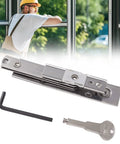 Front view: stainless steel casement window hinge kit with ventilation limiter and lock; includes Allen wrench and key (3pc)