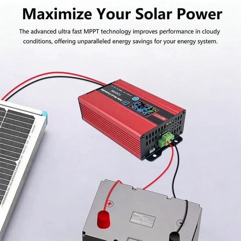 High-Efficiency MPPT Solar Charge Controller 30A 1200W with Step-Up to 48/60/72V connected to solar panel and battery