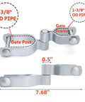 4 Pack Chain Link Fence Gate Hinges Set 2 3 8 Inch Post To 1 3 8 Inch Frame Heavy Duty Galvanized Steel Replacement Hinges With Nuts And Bolts Included, showing top and side view dimensions