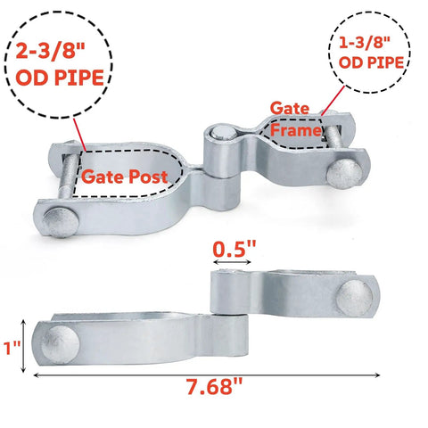 4 Pack Chain Link Fence Gate Hinges Set 2 3 8 Inch Post To 1 3 8 Inch Frame Heavy Duty Galvanized Steel Replacement Hinges With Nuts And Bolts Included, showing top and side view dimensions