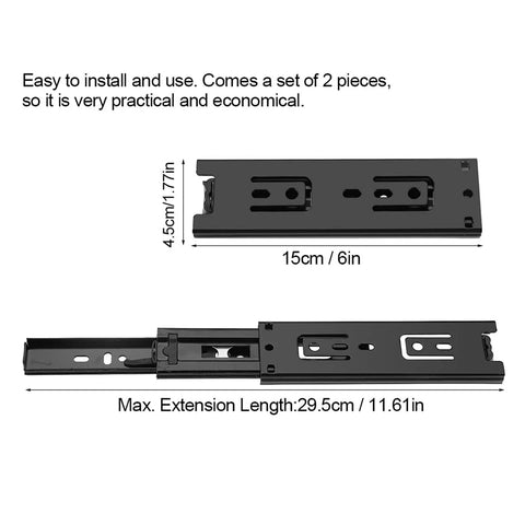 Two Pack 45mm Steel Drawer Slides That Glide Like Butter Silky Smooth Dresser Metal Runners For File Cabinets Trash Cans And Kitchen Drawers Perfect For 4 Inch 6 Inch And 8 Inch Lengths, showing measurements and extension details