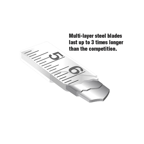 Close-up of the Nylon-Reinforced Steel Blade Tape Measure With Speed Rewind, showing double nylon layers and 1/8 inch graduation.