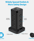 Image of Beefy Power Strip Tower With USB Ports And Surge Protector 12 Outlets And 4 USB Ports Including USB C. Dimensions displayed.
