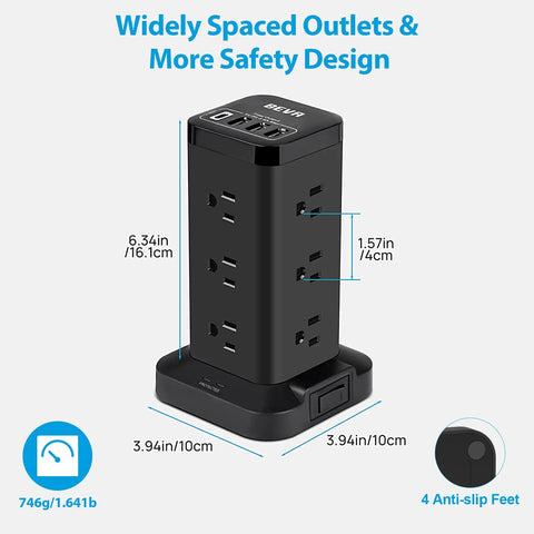 Image of Beefy Power Strip Tower With USB Ports And Surge Protector 12 Outlets And 4 USB Ports Including USB C. Dimensions displayed.