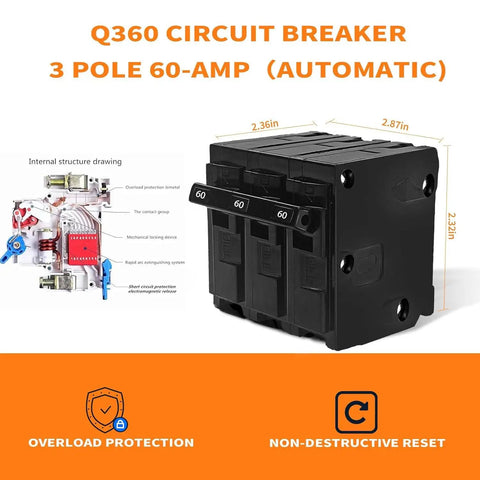 Badass 60 Amp 3 Pole Circuit Breaker With Thermal Magnetic Trip For Heavy Duty Overload Protection At 120 240 Volts viewed from the front.